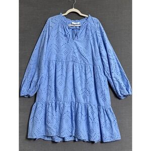 Adyson Parker Dress 2X Blue Eyelet Cotton Tiered Boho Cottage Summer Tiered